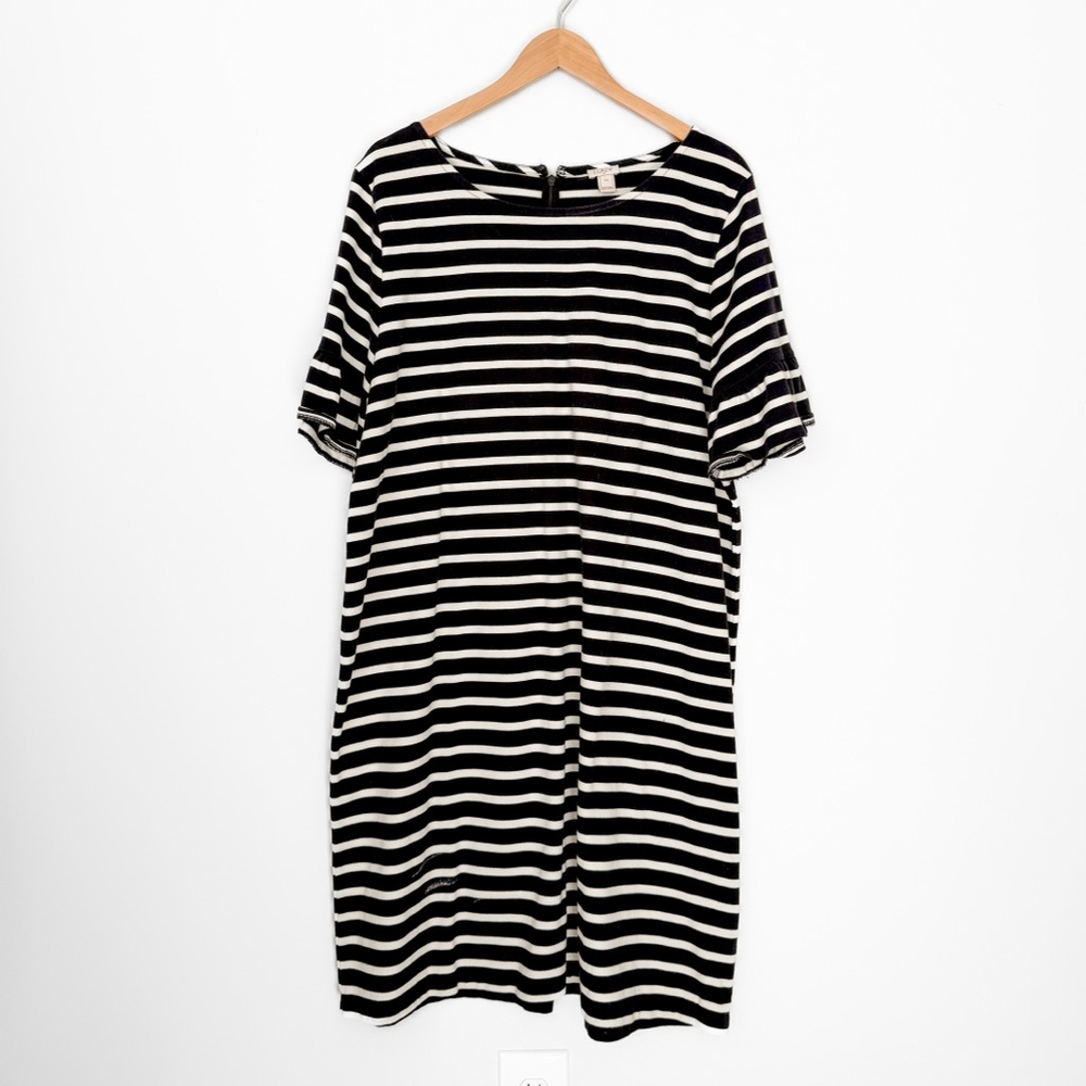 JCrew black and white stripe cotton dress with ruffle sleeve